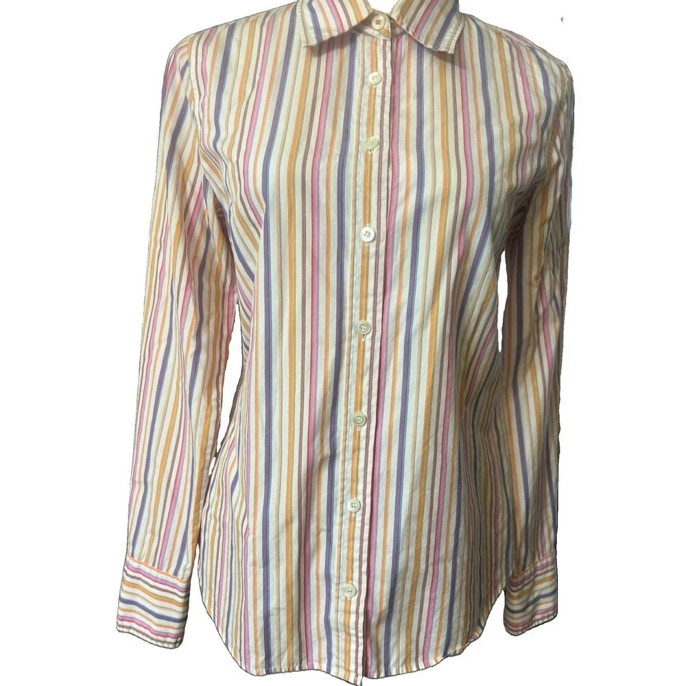 VTG J Crew Slim Fit Womens M Stripe Cotton Multi Button Up Long Sleeve Shirt HKG